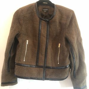 Club Monaco green boucle jacket with leather trim